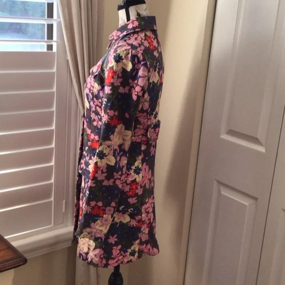 Tara Jarmon for Target Floral Trench Jacket (S) Pink Navy Cotton Statement Coat - Picture 11 of 15